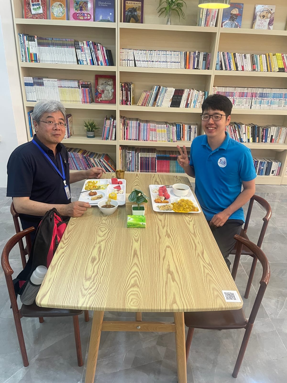 Sharing a meal with staff in the library lounge